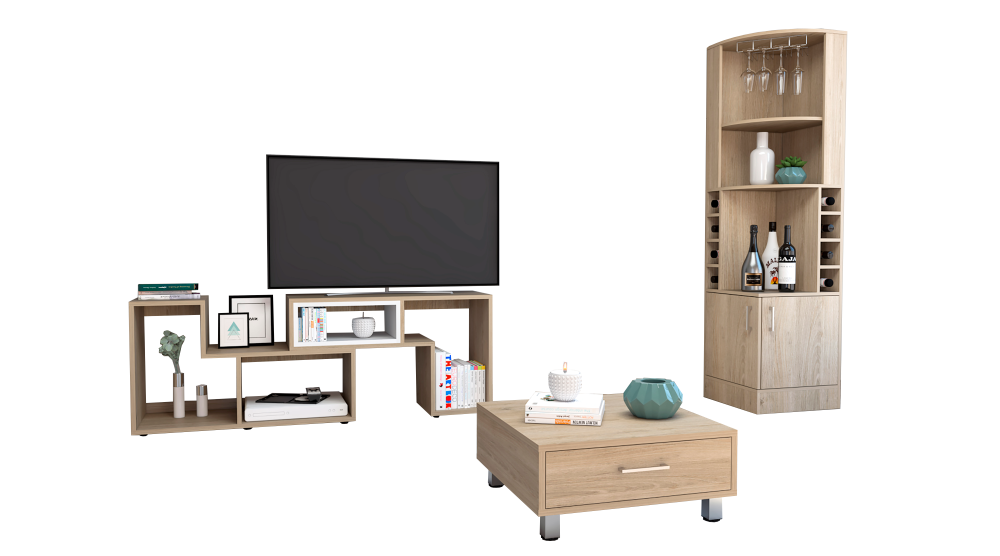 Bar Esquinero Kava + Rack Extensible + Mesa de Centro Color Rovere y Blanco Para Sala De Estar